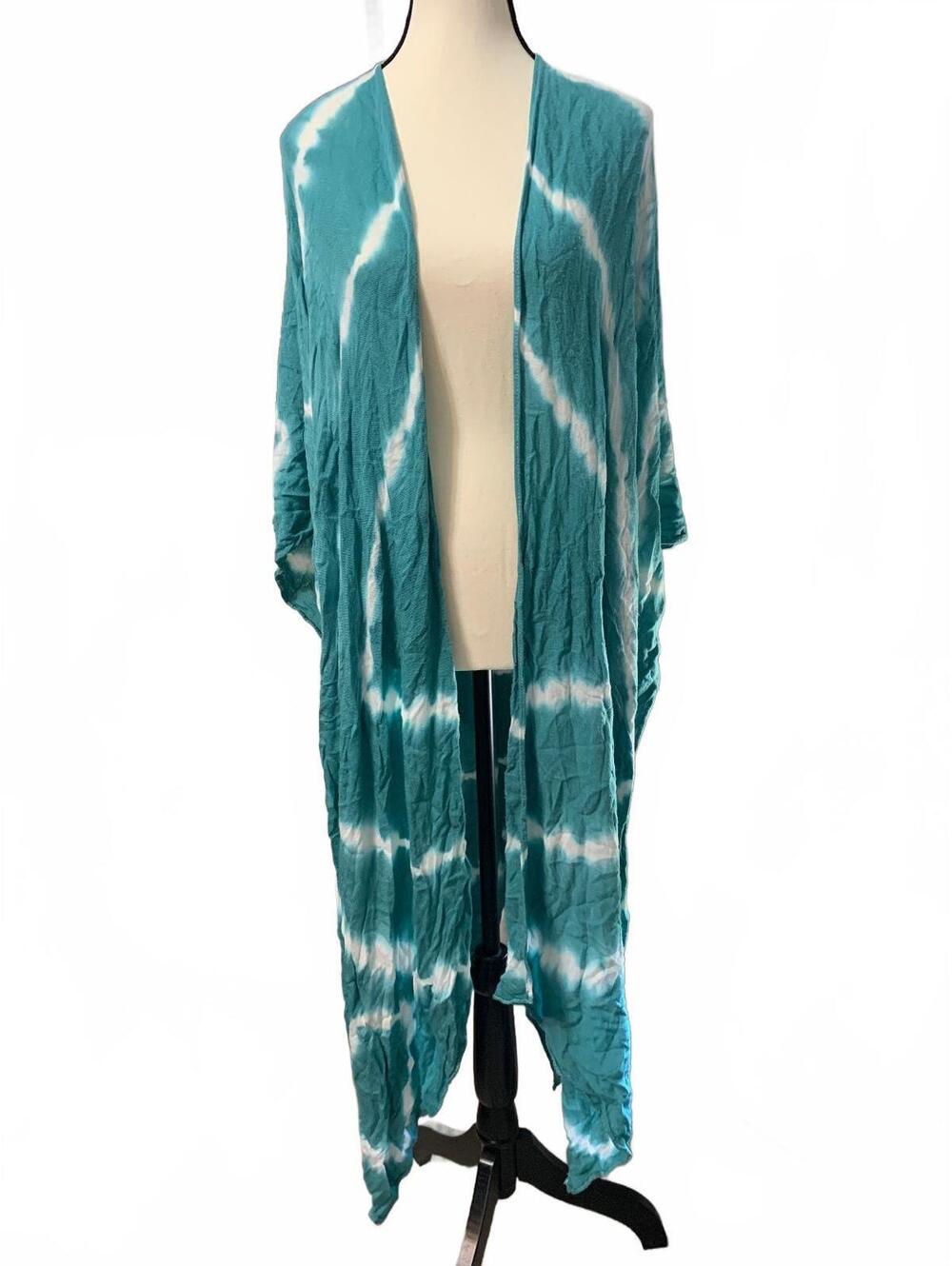 Forever 21+ Teal and White Tie-Dye Long Open-Front Cardigan, Size 0X/1X